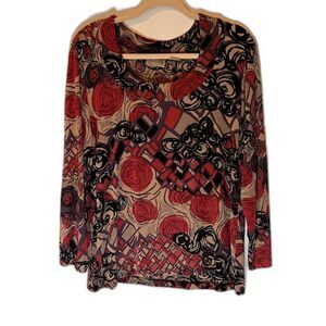 Chico's Travelers Blouse L Taupe/Burgundy/Black Print Lng Sleeve Business Casual